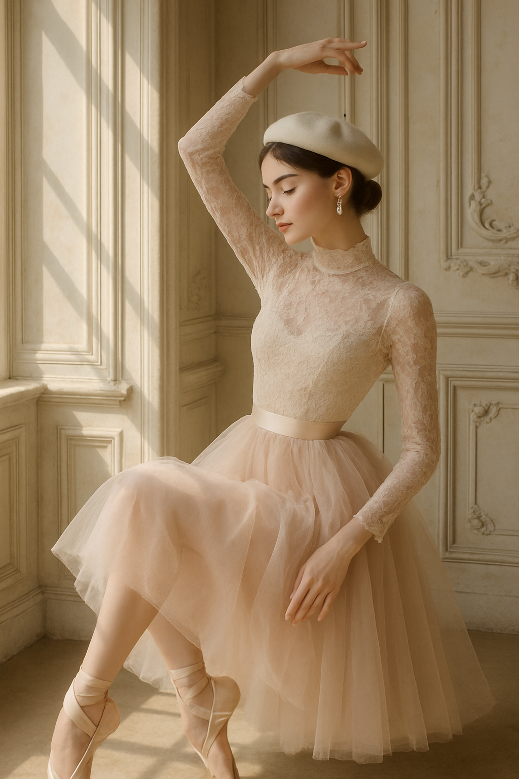SKIPIKS AI 패션 화보 — feminine, elegant, romantic — 우아한 레이스 드레스와 발레 슈즈가 어우러져 로맨틱한 분위기를 완성해보세요. 크림 컬러의 베레모와 귀여운 액세서리로 스타일을 마무리하면 더욱 매