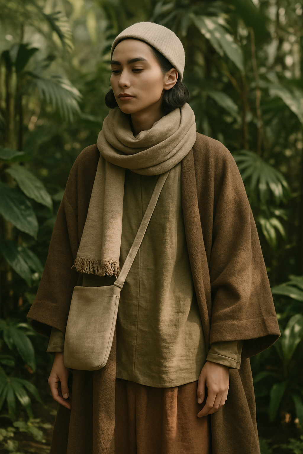 SKIPIKS AI 패션 화보 — minimalist, natural — 따스한 브라운과 베이지 톤으로 이루어진 룩이 자연스러운 고급스러움을 자아내며, 여유로운 실루엣으로 편안함을 더해줍니다. 니트 비니와 머플러로 톤