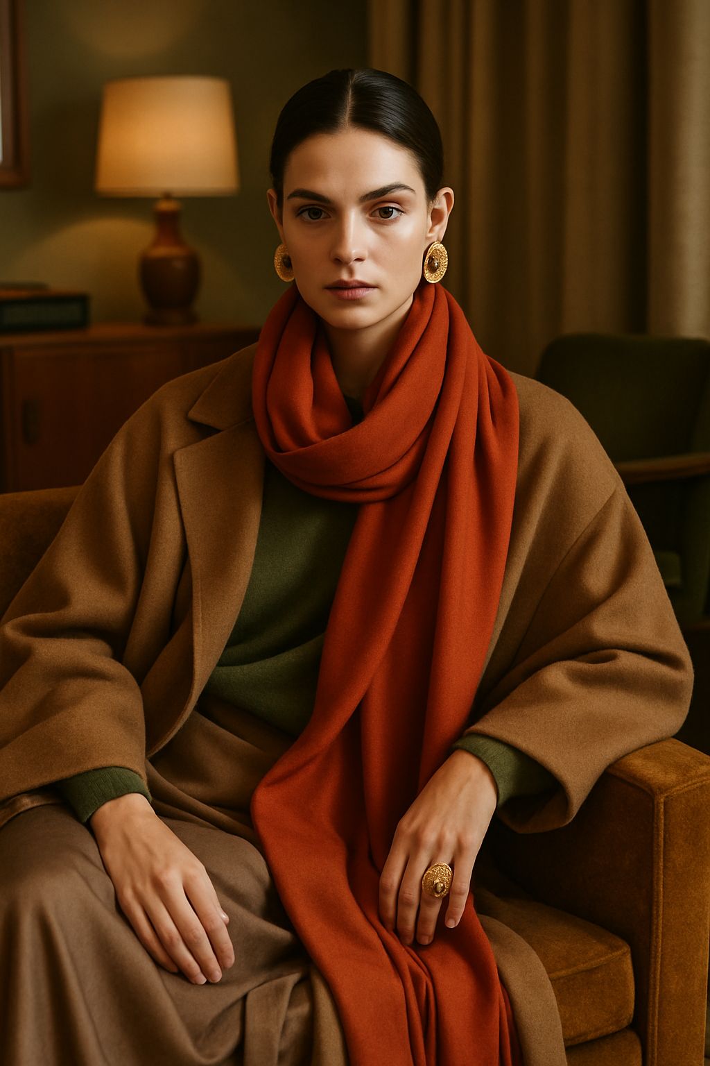 SKIPIKS AI 패션 화보 — elegant, sophisticated — 우아하고 고급스러운 분위기가 돋보이는 카멜 코트와 주황 머플러의 조합이 매력적이네요. 볼드한 골드 액세서리로 포인트를 주어 세련된 느낌을 완성해