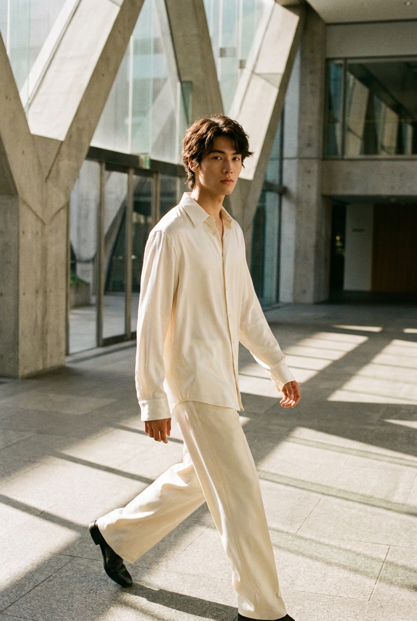 SKIPIKS AI 패션 화보 — minimalist, clean, modern — 깨끗하고 세련된 크림색 셋업이 우아한 분위기를 자아내요. 여기에 블랙 구두로 클래식한 매력을 더해보세요. 봄날의 데일리룩이나 깔끔한 모임 자리에