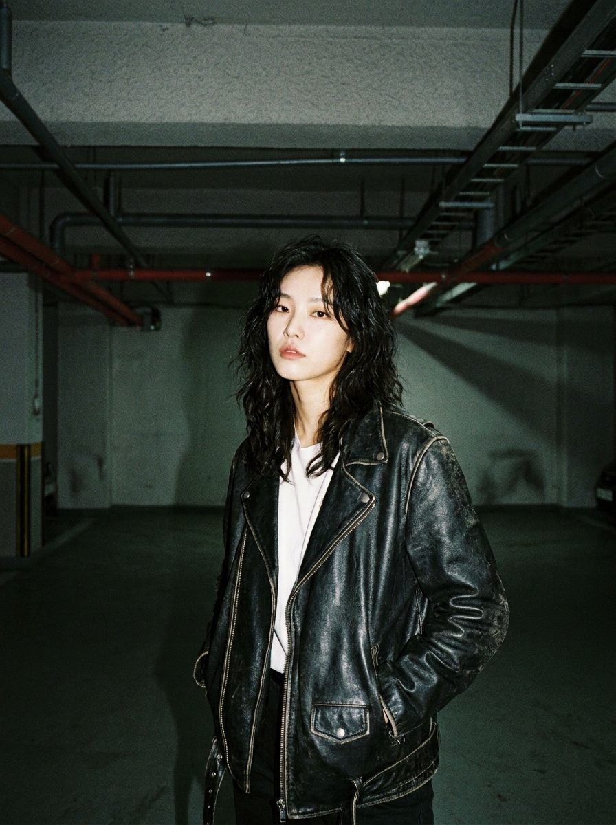 SKIPIKS AI 패션 화보 — edgy, casual, streetwear — 매력적인 블랙 가죽 재킷으로 도회적이며 강렬한 느낌을 연출해보세요. 화이트 티셔츠와 매치하여 심플하면서도 세련된 스타일링이 완성됩니다. 가죽 부