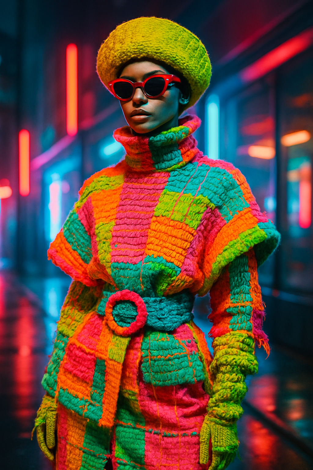 SKIPIKS AI 패션 화보 — futuristic, avantgarde, colorblocking — 네온 컬러의 대담한 조합이 인상적인 이 룩은 복고적이면서도 미래지향적인 무드를 동시에 연출합니다. 선명한 색상 대비를 이용해 시선을 사로잡으며,