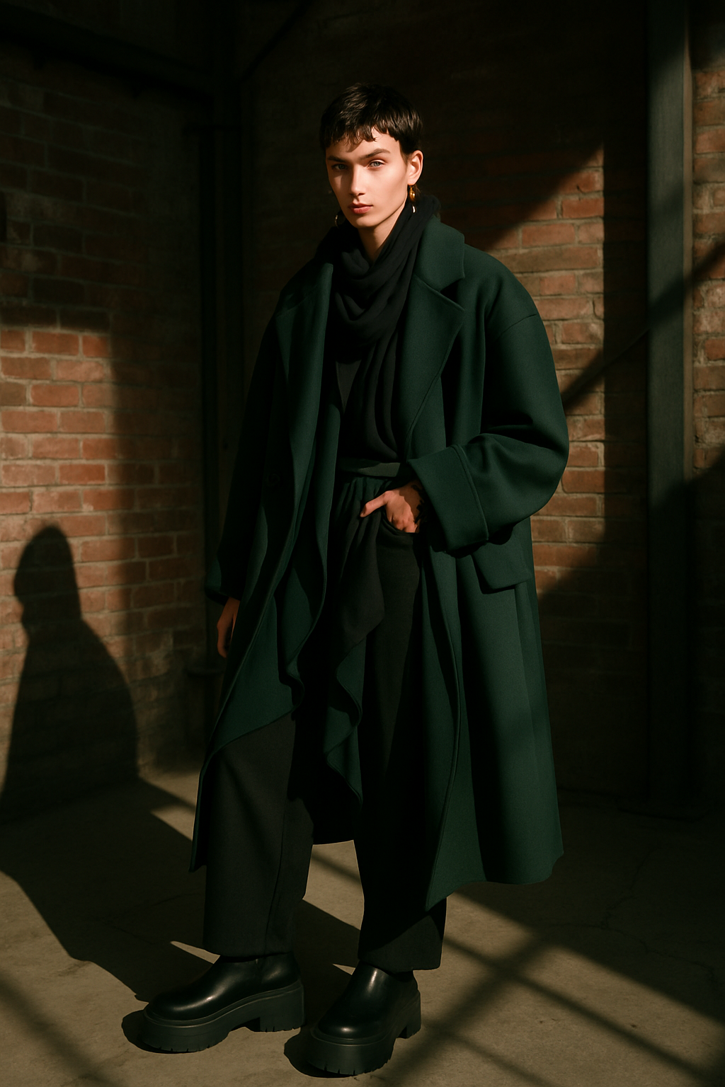 SKIPIKS AI 패션 화보 — chic, modern, minimalist — 짙은 초록색 코트와 블랙 톤이 어우러진 매혹적인 모던 룩을 연출해보세요. 슬림한 검정 스웨터와 팬츠가 클래식한 실루엣을 강조합니다. 차분한 가을