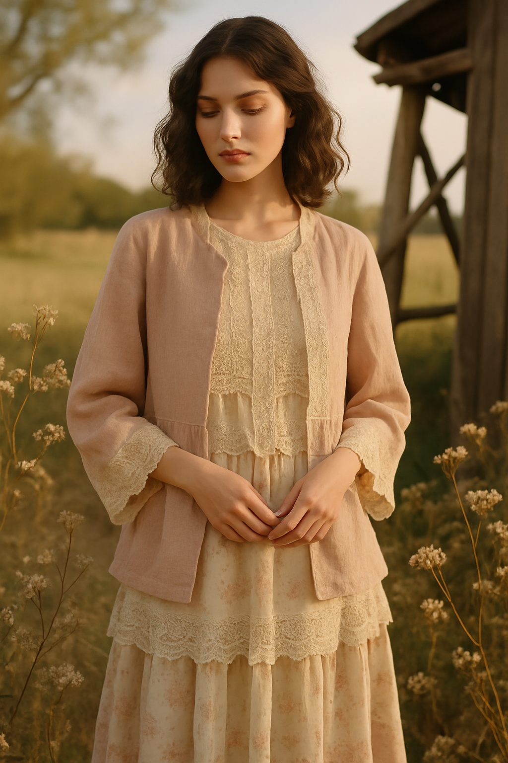 SKIPIKS AI 패션 화보 — romantic, vintage, elegant — 따뜻한 베이지 색감의 린넨 자켓과 크림색 레이스 원피스가 조화를 이루며 부드럽고 로맨틱한 무드를 완성해보세요. 풍성한 레이스 디테일이 돋보이는 