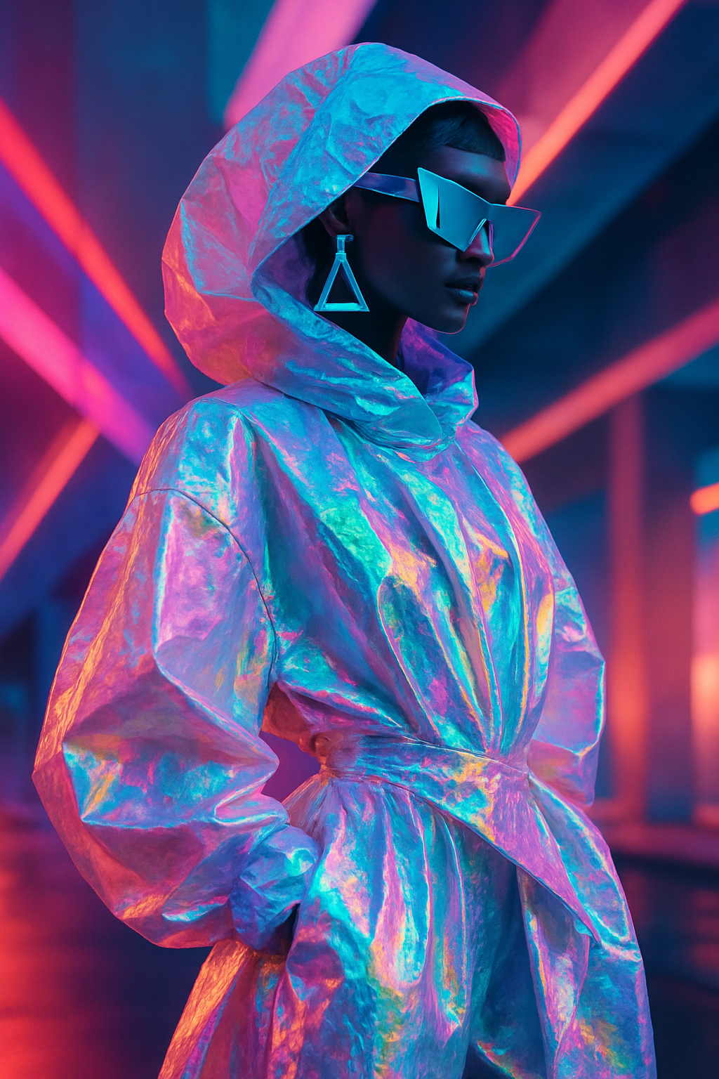 SKIPIKS AI 패션 화보 — futuristic, bold, statement — 홀로그램 소재의 후드 코트는 미래지향적인 느낌을 가득 담고 있어요. 이런 독특한 아이템은 간단한 블랙 팬츠와 매치해 스타일을 더욱 돋보이게 해보
