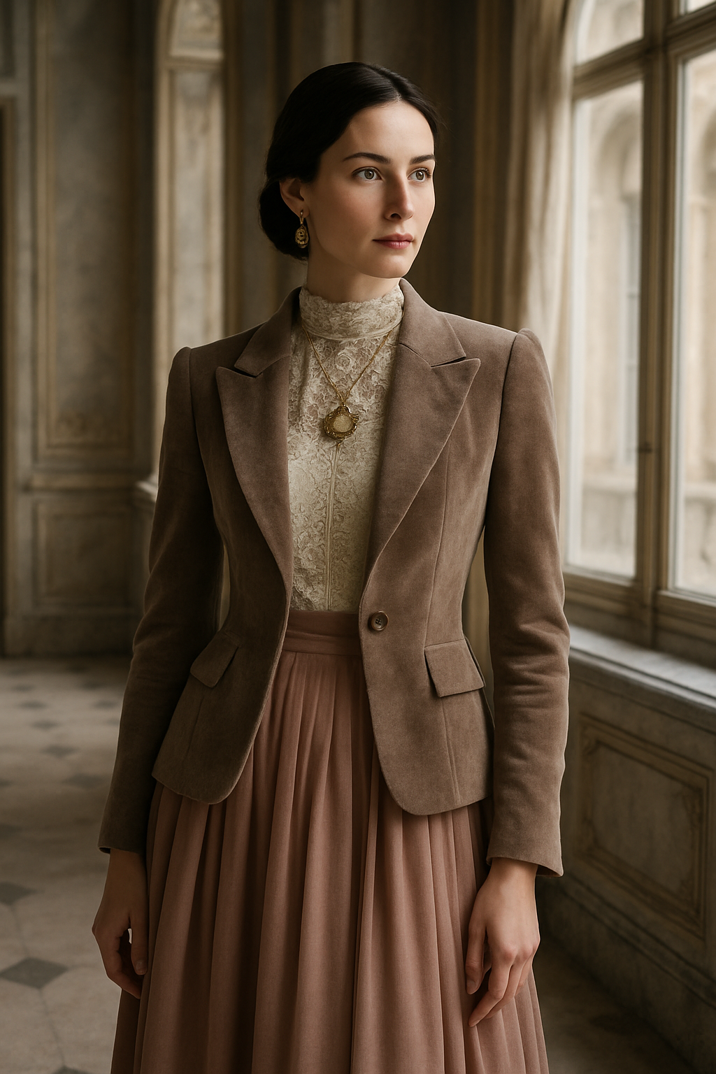 SKIPIKS AI 패션 화보 — classic, feminine, elegant — 클래식한 무드가 돋보이는 룩으로, 부드러운 브라운 톤의 조화가 우아한 분위기를 선사해요. 레이스 톱과 골드 액세서리로 디테일을 더해 고급스러운 