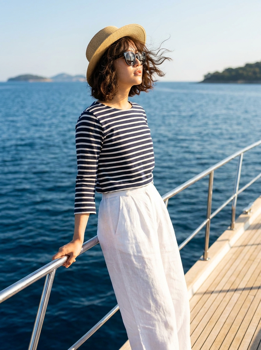 SKIPIKS AI 패션 화보 — nautical, casual, resortwear — 바다를 배경으로 한 네이비 스트라이프 티셔츠와 화이트 팬츠의 조합이 마린룩의 정석을 보여줘요. 라탄 모자와 선글라스로 여름 해변에서도 멋스러움을