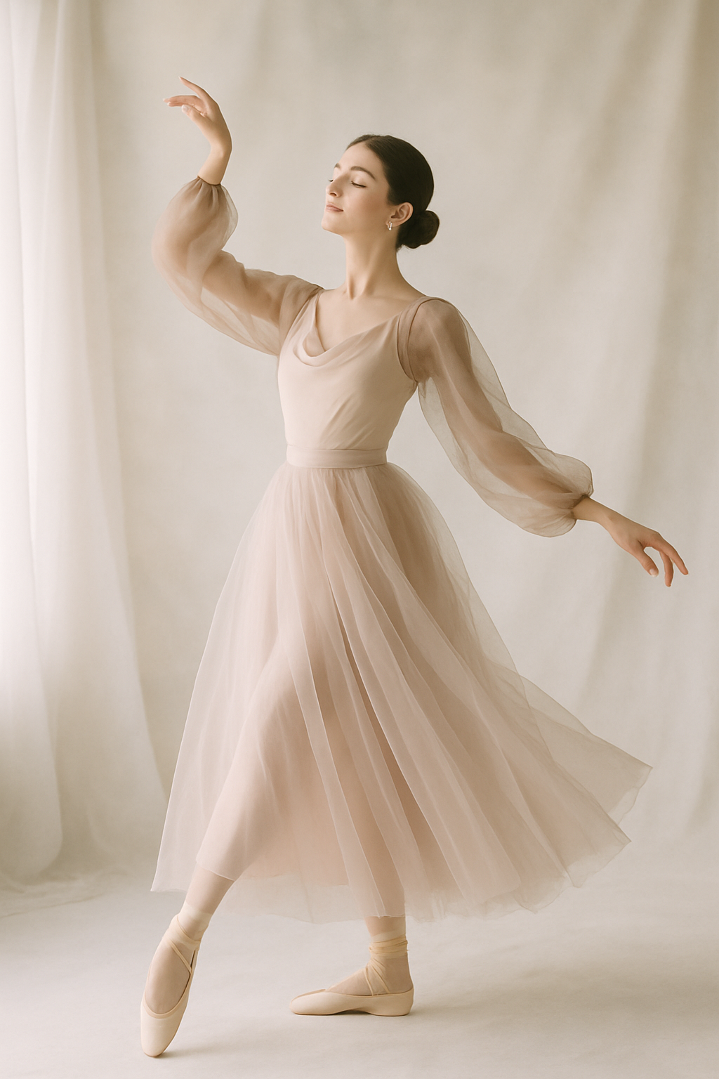 SKIPIKS AI 패션 화보 — feminine, elegant — 베이지 톤의 쉬폰 드레스가 우아하면서도 여리여리한 무드를 선사합니다. 발레 슈즈를 매치해 더욱 우아한 느낌을 강조해보세요. 스프링 시즌 데이트나
