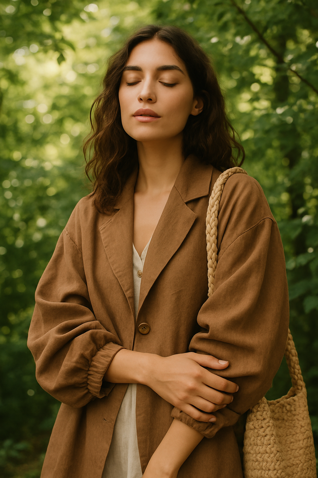 SKIPIKS AI 패션 화보 — natural, bohemian — 자연과 어우러진 따뜻한 갈색의 트렌치코트와 부드러운 베이지 원피스가 내추럴한 무드를 자아내요. 큰 니트 백을 매치하여 편안하고 여유로운 분위기를