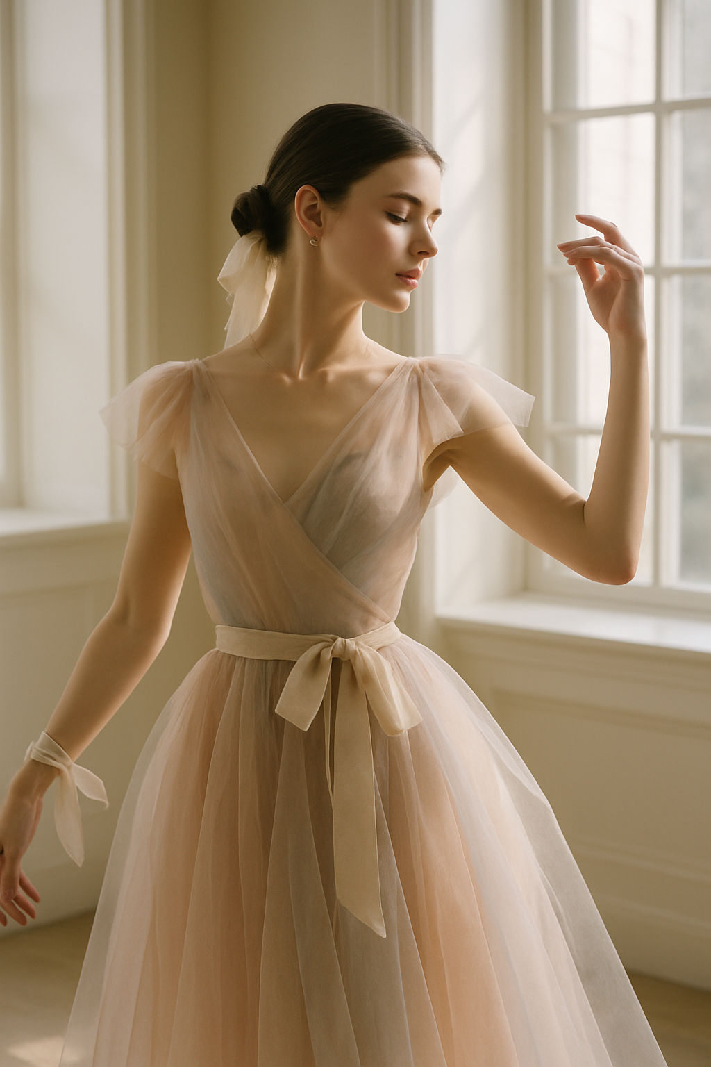 SKIPIKS AI 패션 화보 — romantic, feminine, elegant — 베이지 컬러의 튀튀 드레스가 로맨틱한 무드를 완성하며, 우아한 실루엣이 돋보입니다. 여기에 리본 헤어장식으로 포인트를 주어 발레코어 스타일을 완
