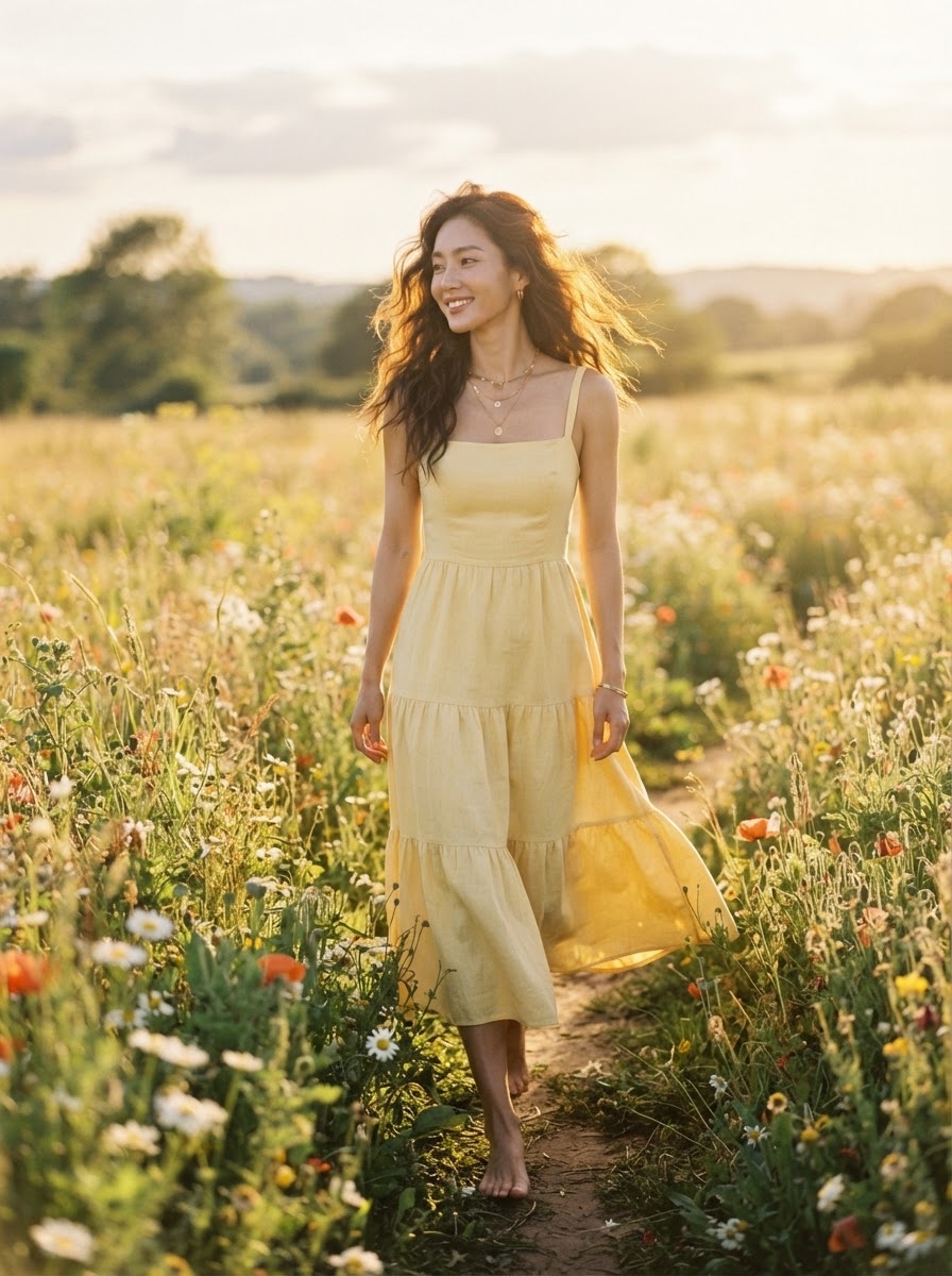 SKIPIKS AI 패션 화보 — bohemian, feminine — 부드러운 노란색 드레스로 자연과 어우러지는 감각적인 보헤미안 무드를 연출해보세요. 금색 액세서리로 포인트를 주고, 밀짚 모자나 샌들을 매치해 여