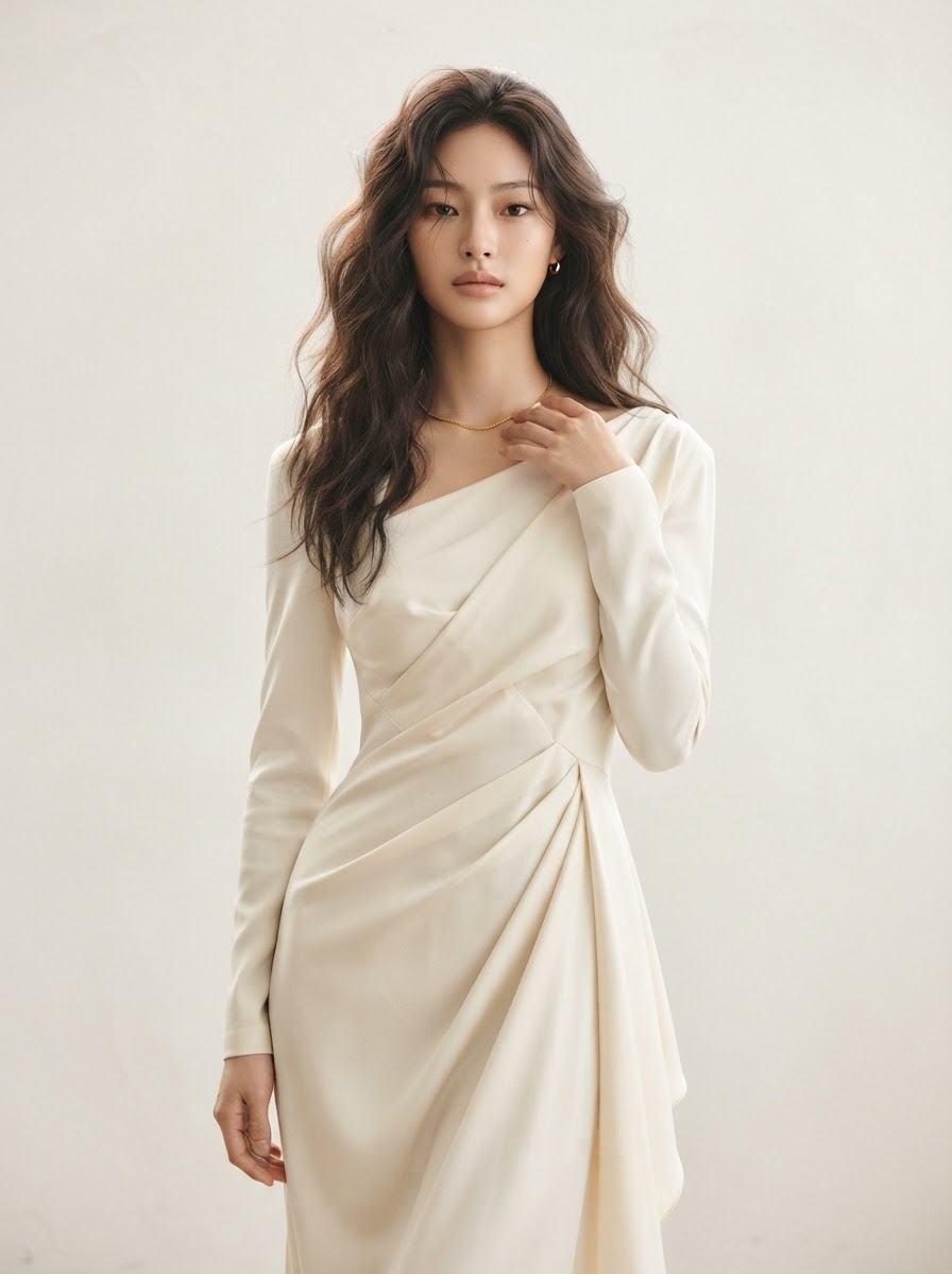 SKIPIKS AI fashion editorial — elegant, chic — 부드러운 드레이프가 돋보이는 크림 컬러의 드레스가 우아함을 자아냅니다. 골드 액세서리와 매치해 고급스러운 포인트를 더해보세요. 특별한 저녁 만찬