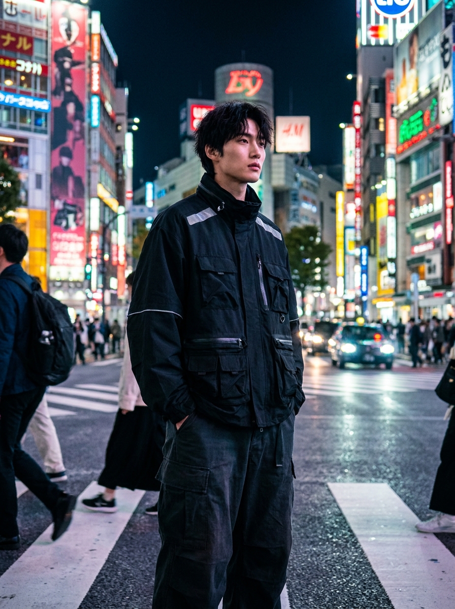 SKIPIKS AI 패션 화보 — streetwear, urban — 도시의 밤과 어우러지는 다크한 무드의 테크웨어 스타일이 돋보이는 룩입니다. 블랙 아노락 재킷과 카고 바지를 활용해 모던하면서도 기능적인 감성을 