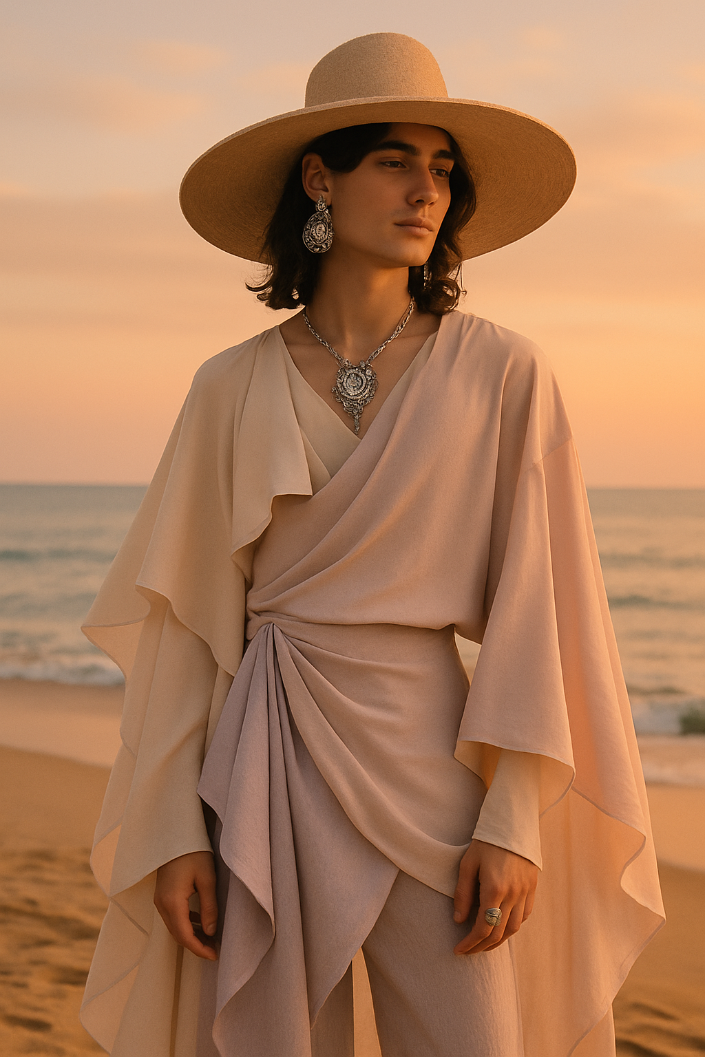 SKIPIKS AI 패션 화보 — bohemian, chic, romantic — 햇살이 가득한 해변에서 더욱 돋보이는 부드러운 베이지 톤의 옷차림이 눈길을 사로잡아요. 실버 액세서리로 포인트를 더해 독특하면서도 세련된 느낌을