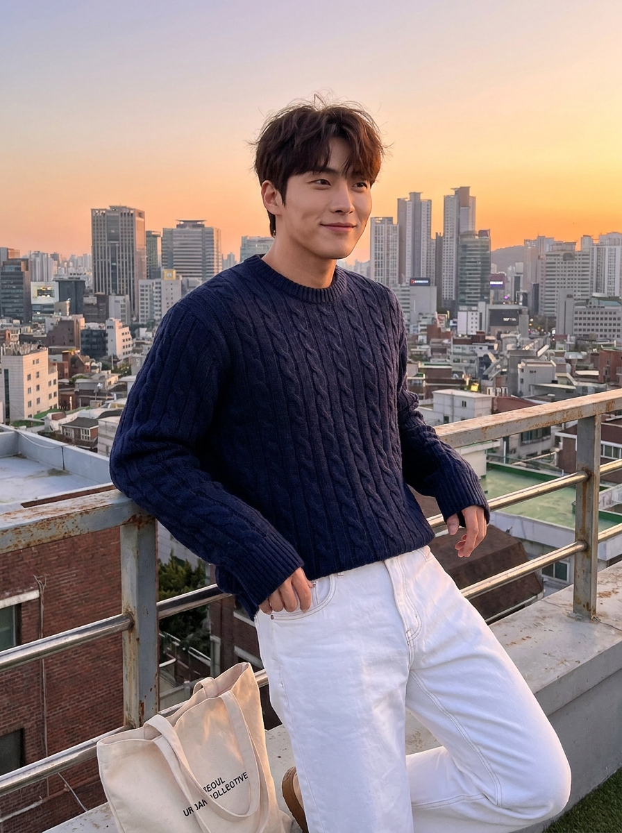 SKIPIKS AI 패션 화보 — casual, city — 네이비 니트 스웨터와 화이트 진의 조합은 도시적이고 세련된 감성을 드러냅니다. 스웨터의 케이블 니트 패턴이 포근한 느낌을 주며, 토트백으로 실용