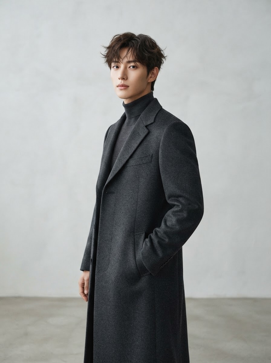 SKIPIKS AI 패션 화보 — minimalist, chic — 차가운 계절에 어울리는 세련된 차콜 컬러의 롱 코트가 전체 룩의 중심을 잡아주며, 미니멀한 터틀넥 스웨터와 조화롭게 어우러집니다. 코트를 오픈하