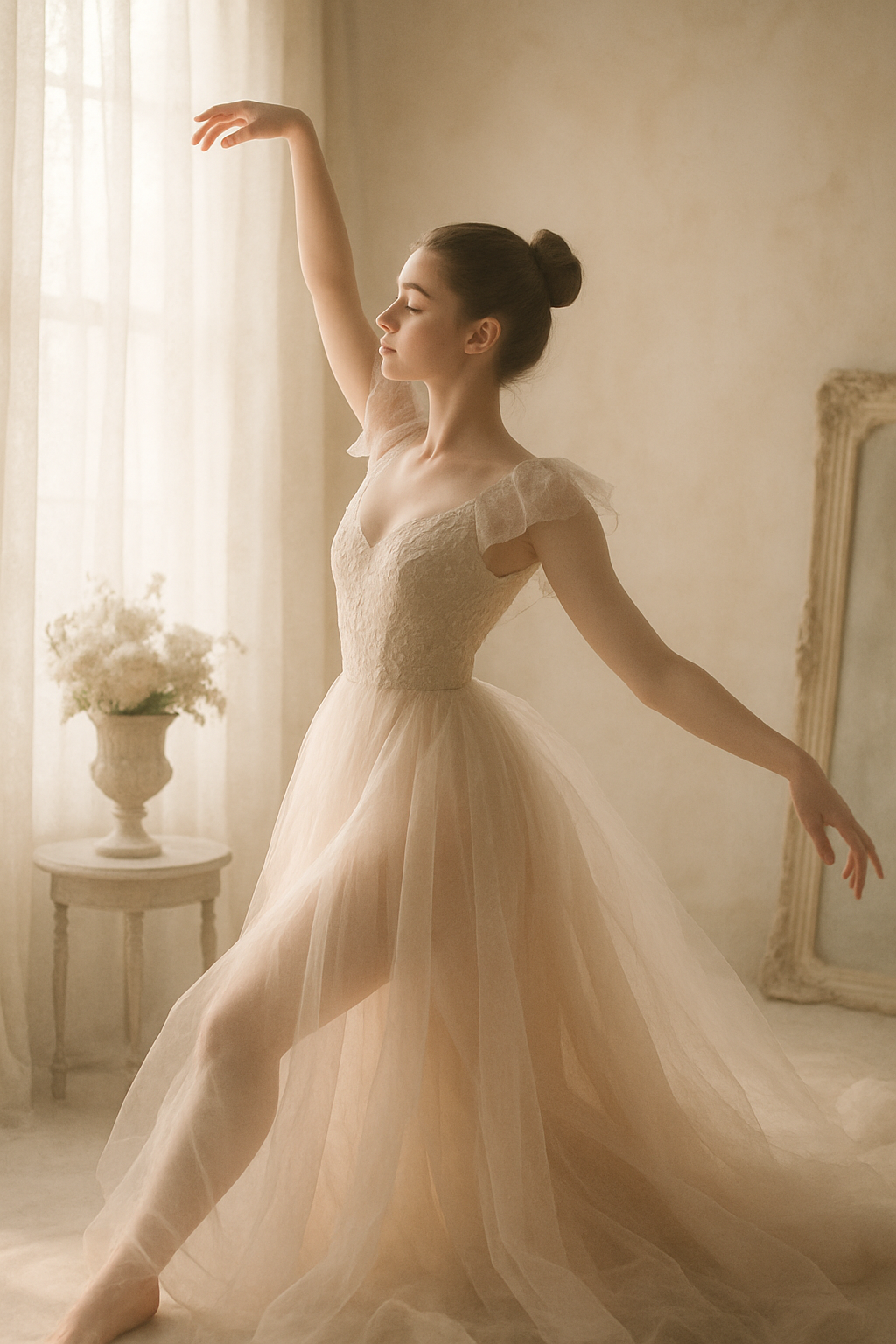 SKIPIKS AI 패션 화보 — feminine, romantic, vintage — 베이지 톤의 섬세한 튜튜 드레스는 우아하면서도 로맨틱한 분위기를 연출해요. 여기에 퍼프 소매나 리본 액세서리를 더해 발레리나 무드를 한층 강조해