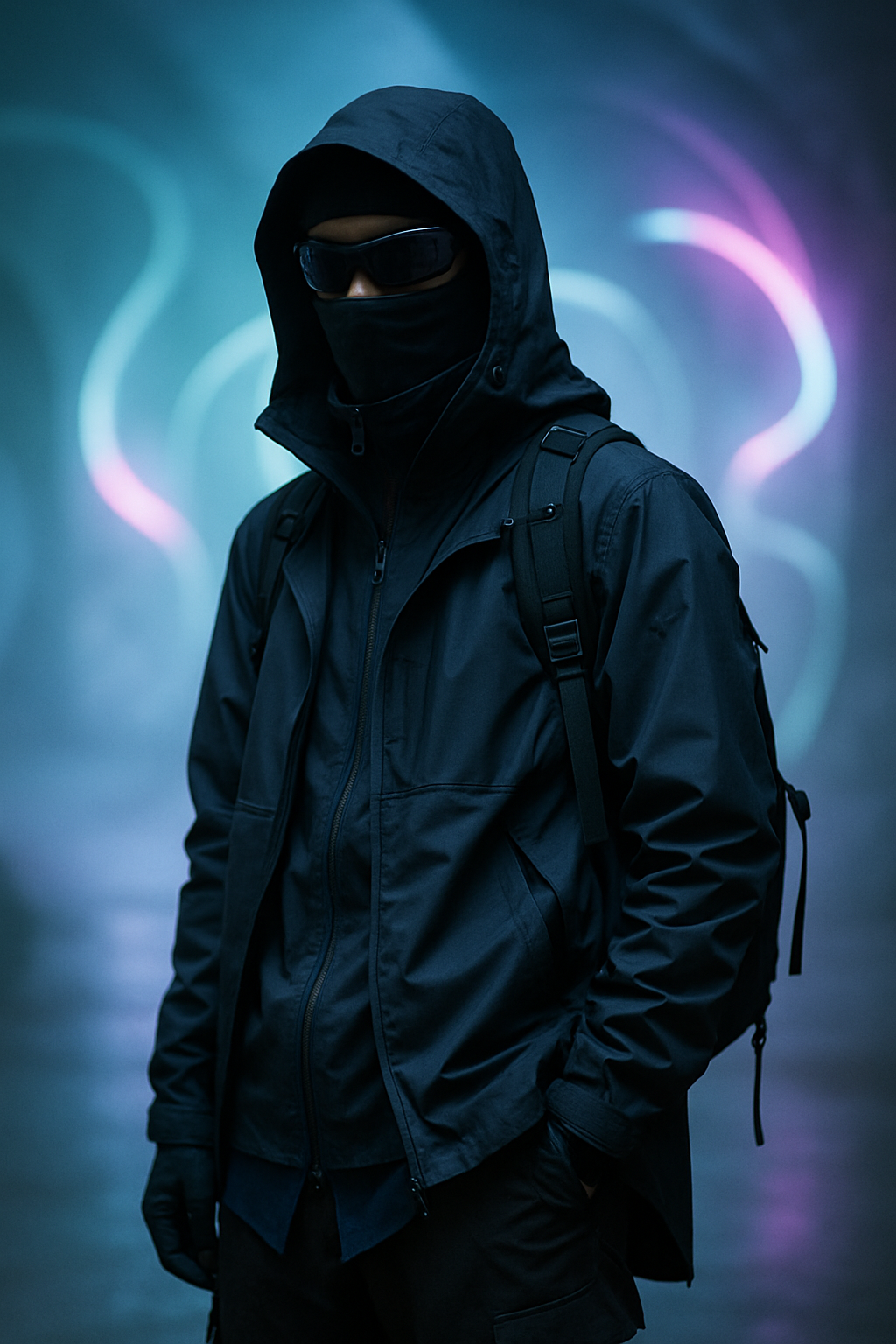 SKIPIKS AI 패션 화보 — techwear, minimalist, streetwear — 어둡고 미니멀한 블랙 톤의 테크웨어로 미래적인 분위기를 연출해보세요. 선글라스와 장갑 같은 액세서리로 디테일을 더하면 더욱 스타일리시해집니다. 