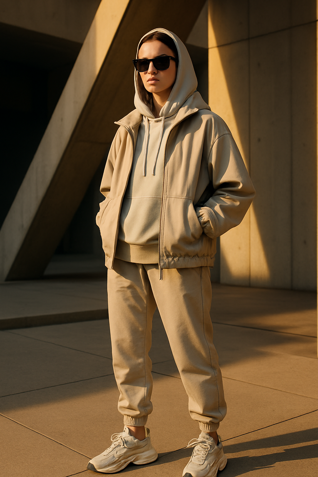SKIPIKS AI 패션 화보 — streetwear, minimalist, casual — 베이지와 카멜의 따뜻한 조화로 편안하면서도 세련된 무드를 자아내는 룩입니다. 후드 티셔츠와 조거 팬츠로 구성된 이 스타일은 일상 속에서도 활동적