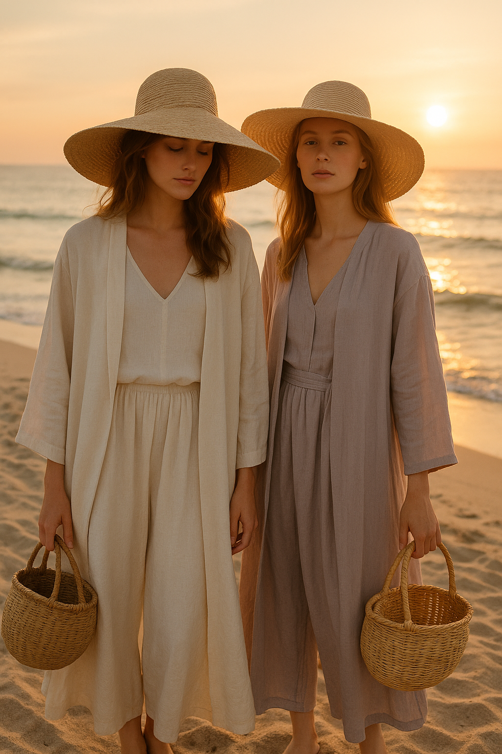 SKIPIKS AI 패션 화보 — natural, beachwear, casual — 자연스럽고 편안한 느낌을 주는 리넨 소재의 롱 드레스와 라탄 모자가 어우러진 여름 비치룩입니다. 드레스는 여유 있는 실루엣으로 부드러운 움직임을