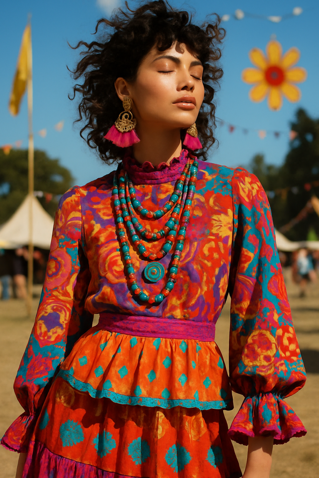 SKIPIKS AI 패션 화보 — bohemian, vibrant, festival — 다채로운 컬러의 플라워 패턴이 돋보이는 보헤미안 스타일의 원피스가 시선을 사로잡아요. 터키색의 비즈 목걸이와 핑크 태슬 귀걸이가 더해져 매력적인