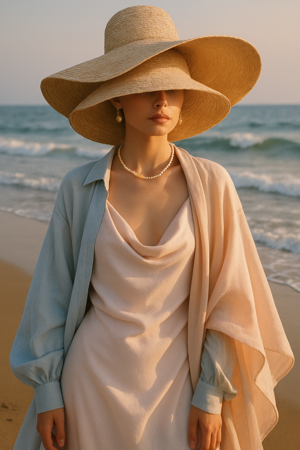 SKIPIKS AI时尚大片 — feminine, chic — 해변의 여유로움과 세련된 여성스러움을 동시에 느낄 수 있는 룩입니다. 드레이프 실루엣 드레스와 오버사이즈 셔츠가 조화를 이루며, 진주 액세서리로