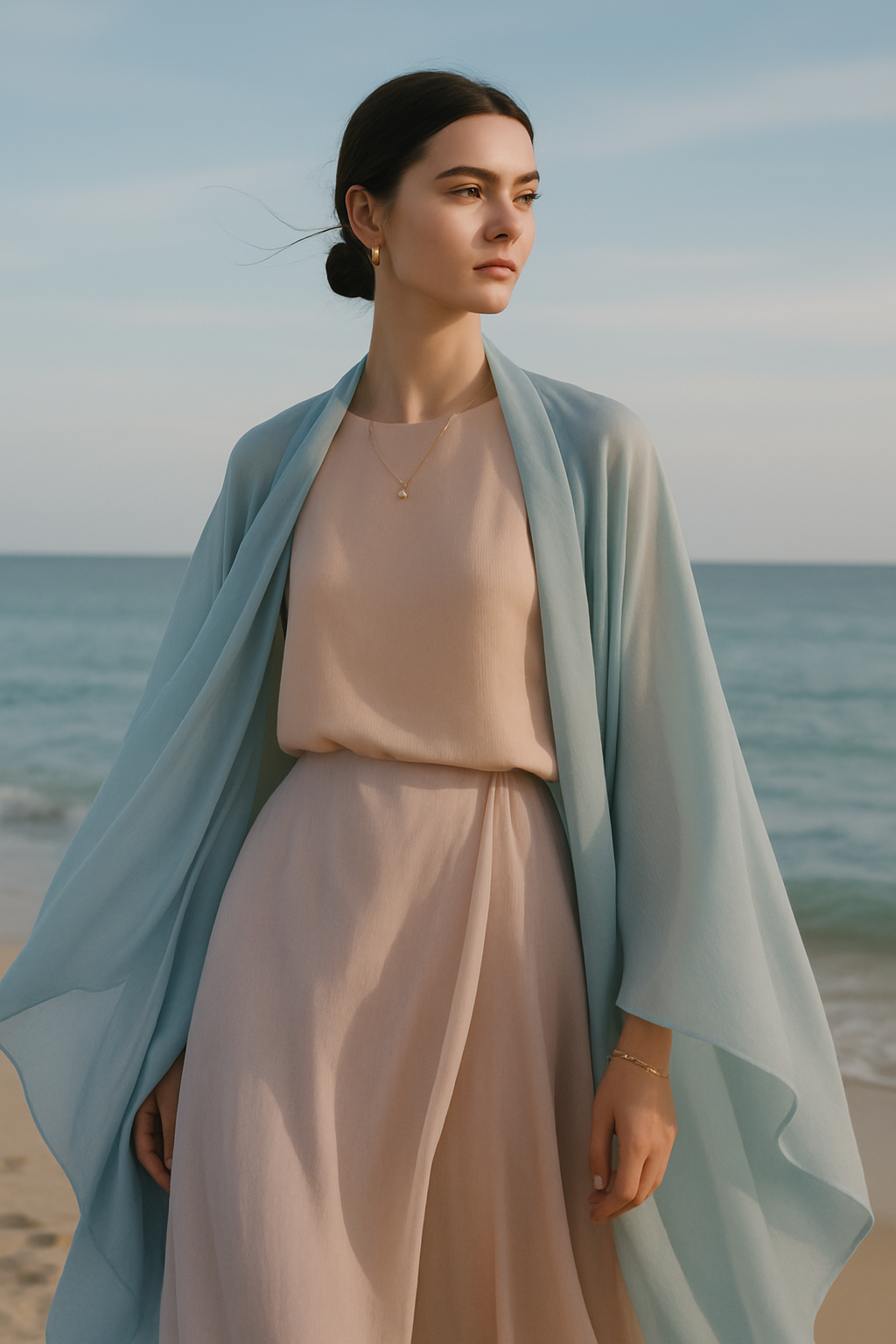 SKIPIKS AIファッション写真 — feminine, minimalist — 은은한 베이지와 하늘색의 조화가 돋보이는 여성스러운 스타일링입니다. 시폰 소재의 드레이프는 바람에 흩날리며 여름날의 청량한 분위기를 살려줍니다.