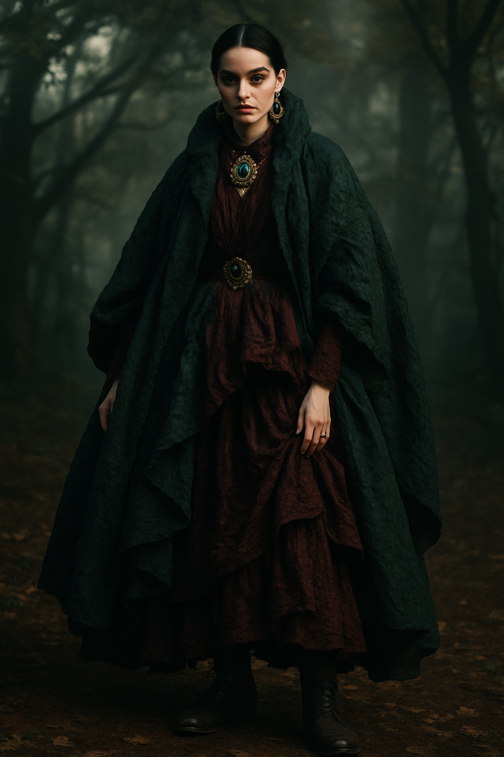 SKIPIKS AI 패션 화보 — vintage, gothic, layered — 무게감 있는 녹색 망토와 버건디 드레스가 어우러진 고풍스러운 가을 룩입니다. 겹겹이 레이어드된 실루엣이 우아하면서도 신비로운 분위기를 더해줍니다