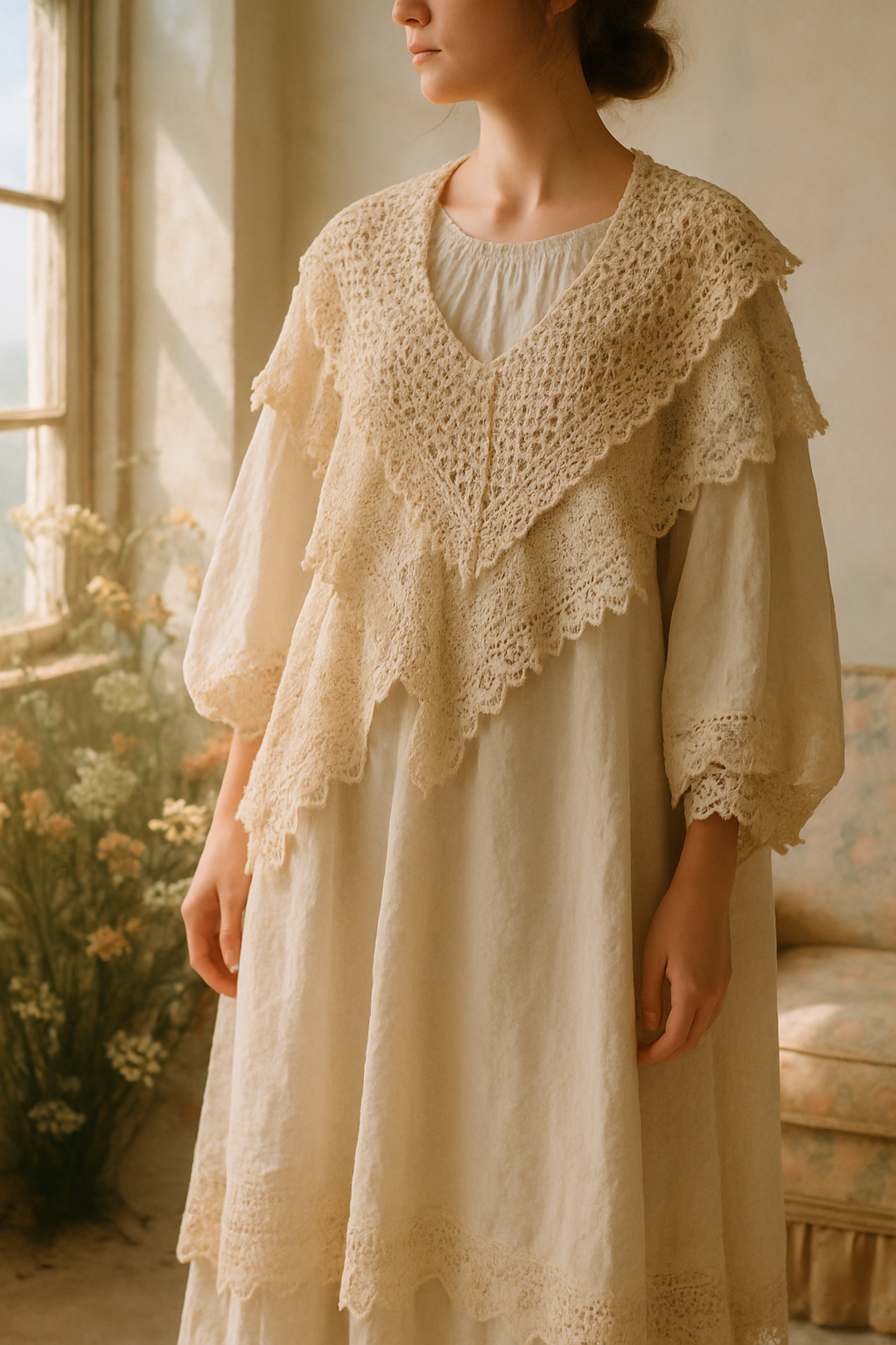 SKIPIKS AI 패션 화보 — romantic, vintage, bohemian — 따뜻한 베이지 톤의 레이스 드레스는 부드러운 니트 숄과 함께 로맨틱하고 빈티지한 무드를 자아냅니다. 드레스의 풍성한 실루엣과 자연스러운 색감이 