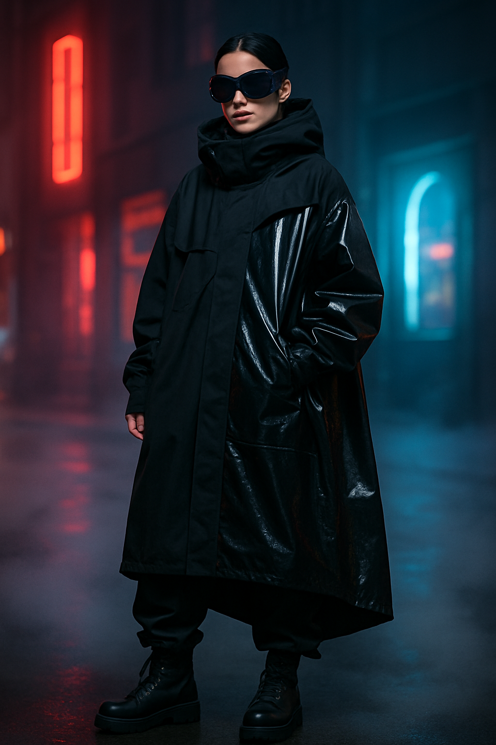 SKIPIKS AI时尚大片 — futuristic, streetwear, edgy — 이 룩은 미래적인 무드와 함께 시크한 올블랙 스타일이 돋보입니다. 매끈한 소재의 코트와 볼드한 선글라스가 강렬한 인상을 주며, 간결한 부츠로 전