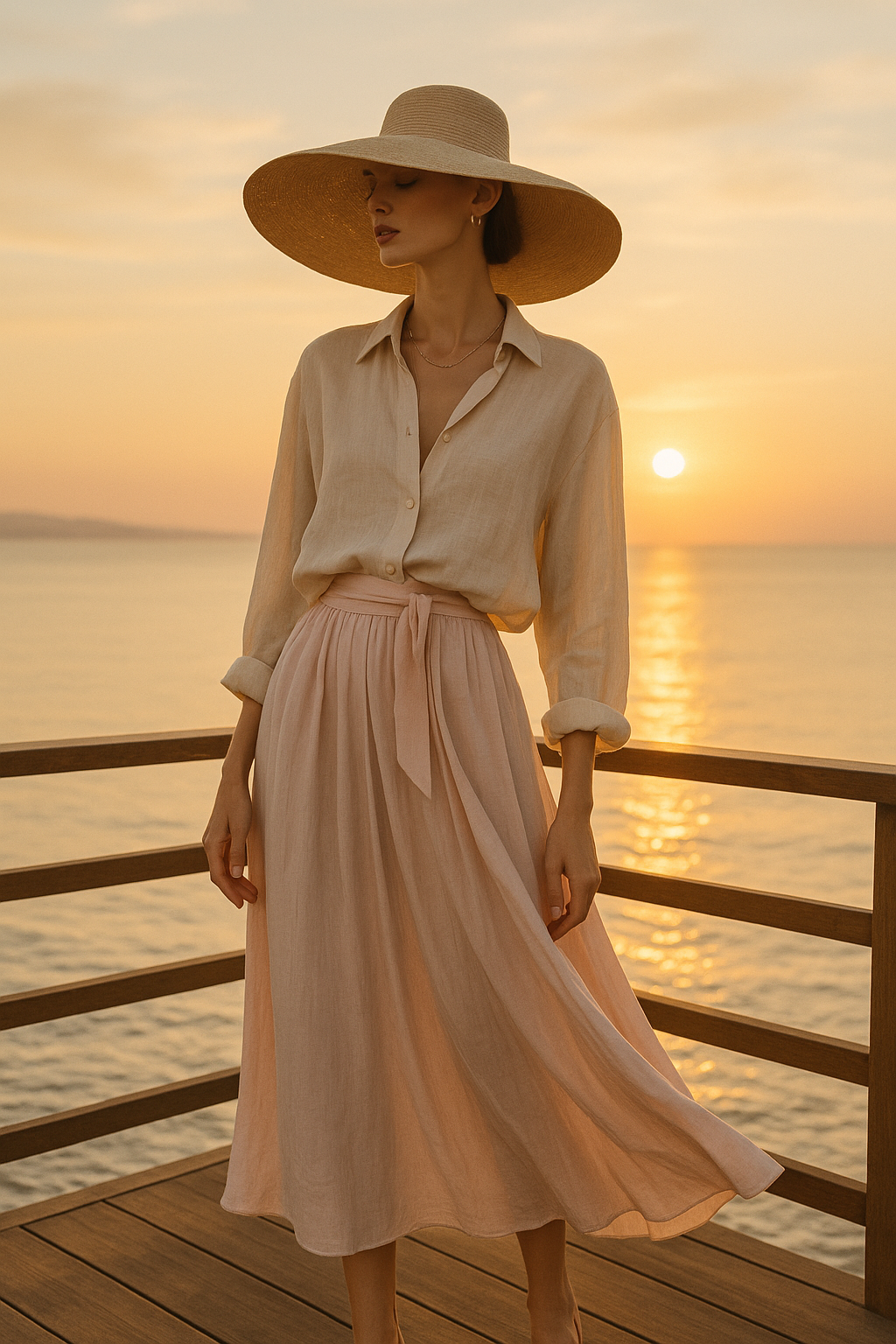 SKIPIKS AIファッション写真 — feminine, bohemian — 자연광을 받아 은은하게 빛나는 베이지 린넨 셔츠와 핑크 플리츠 스커트의 조화가 산뜻하면서도 우아한 무드를 완성해요. 와이드 햇을 더해 더욱 세련