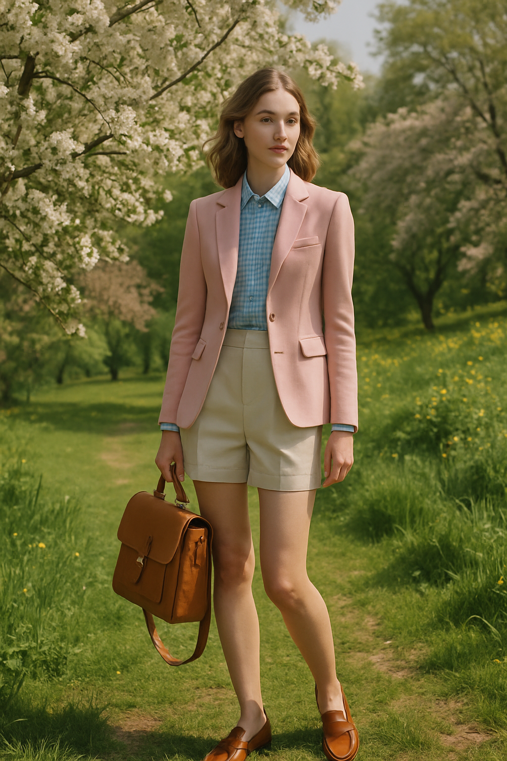 SKIPIKS AI 패션 화보 — preppy, feminine — 화사한 핑크 블레이저와 블루 체크 셔츠가 어우러져 봄의 싱그러움을 더합니다. 베이지 반바지와 브라운 가방, 로퍼로 클래식한 분위기를 연출해보세요