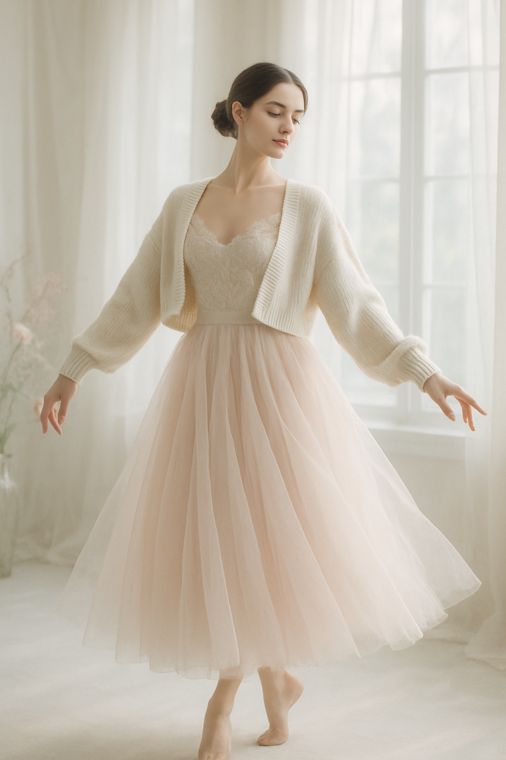 SKIPIKS AI fashion editorial — feminine, romantic, elegant — 크림색 니트 가디건과 연핑크 레이스 드레스의 조화가 우아하고 로맨틱한 무드를 완성합니다. 니트 가디건은 다양한 레이스 탑과 입어도 잘 어울리며,
