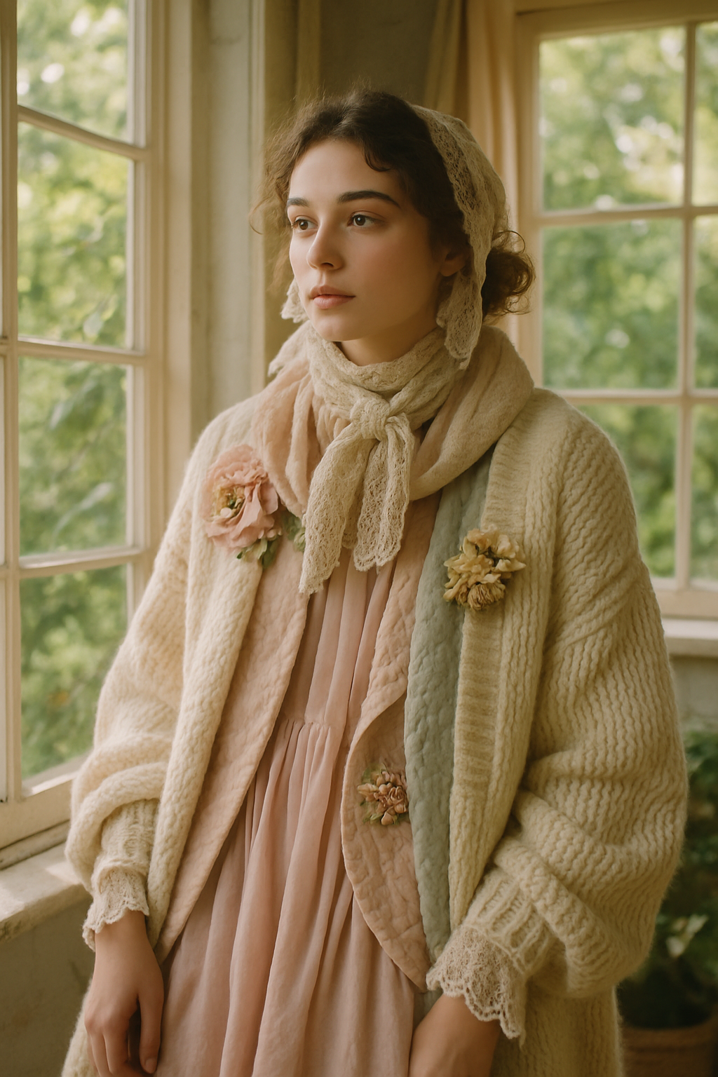 SKIPIKS AI时尚大片 — romantic, vintage, feminine — 부드러운 니트 가디건과 여성스러운 플리츠 드레스가 따뜻한 느낌을 자아내는 룩이에요. 레이스 스카프로 포인트를 줘서 로맨틱한 분위기를 더해보세요.