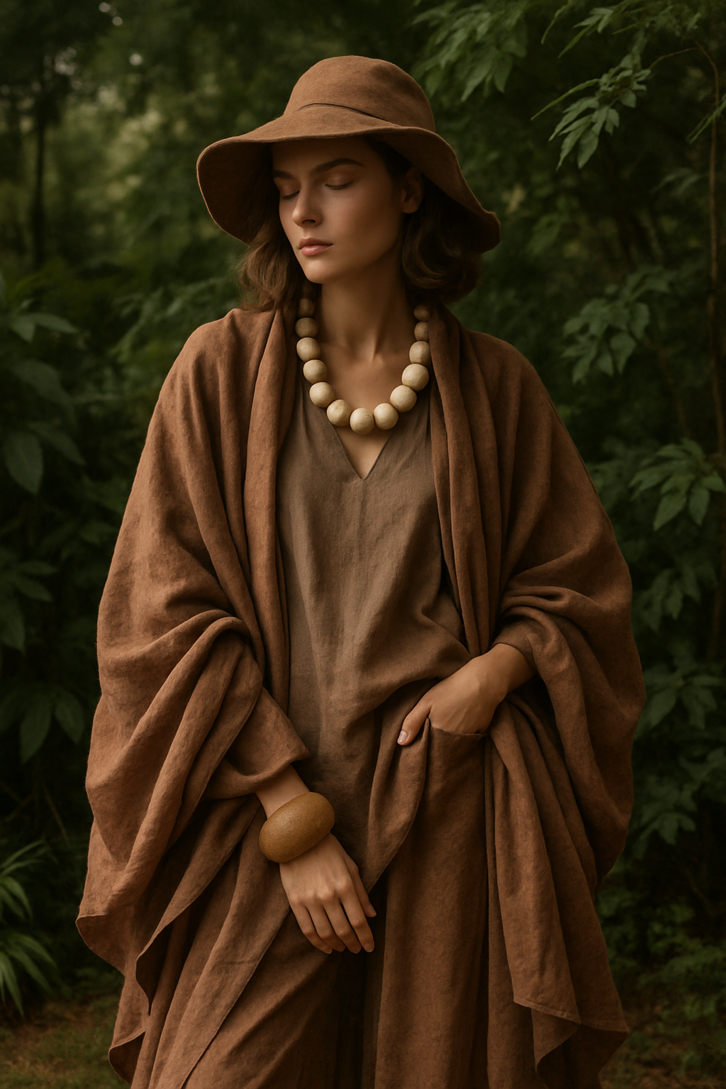SKIPIKS AI时尚大片 — bohemian, earthy, ethereal — 자연과 완벽히 조화를 이루는 브라운 톤의 케이프와 블라우스로 고요하고 우아한 무드를 담아냈습니다. 넓은 모자와 나무 소재의 액세서리로 스타일의 