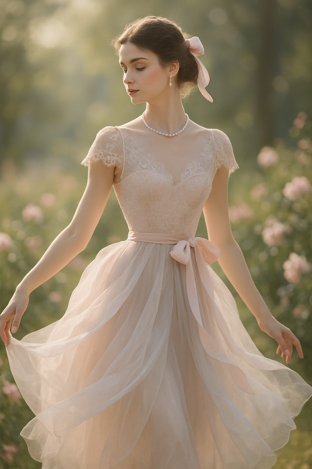 SKIPIKS AI 패션 화보 — romantic, feminine, elegant — 러블리한 레이스 디테일이 돋보이는 로맨틱한 드레스 룩입니다. 진주 목걸이와 리본 액세서리로 우아한 포인트를 더하면 완성도 높은 스타일링이 가능해