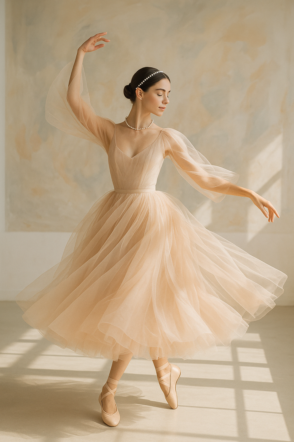 SKIPIKS AI时尚大片 — romantic, feminine, elegant — 베이지 톤의 튜튜 드레스는 부드럽고 로맨틱한 무드를 연출해요. 진주 액세서리들과 매치하면 우아한 포인트를 더할 수 있답니다. 발레커 양식이나 봄