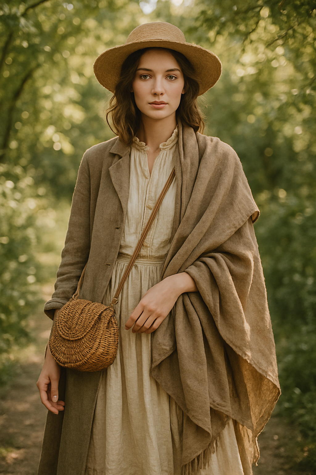 SKIPIKS AI 패션 화보 — vintage, bohemian, natural — 차분하고 자연스러운 색감의 오버사이즈 재킷과 롱 드레스가 내추럴한 무드를 완성해요. 라탄 소재의 크로스백은 더욱 빈티지한 감성을 더해주어 일상 