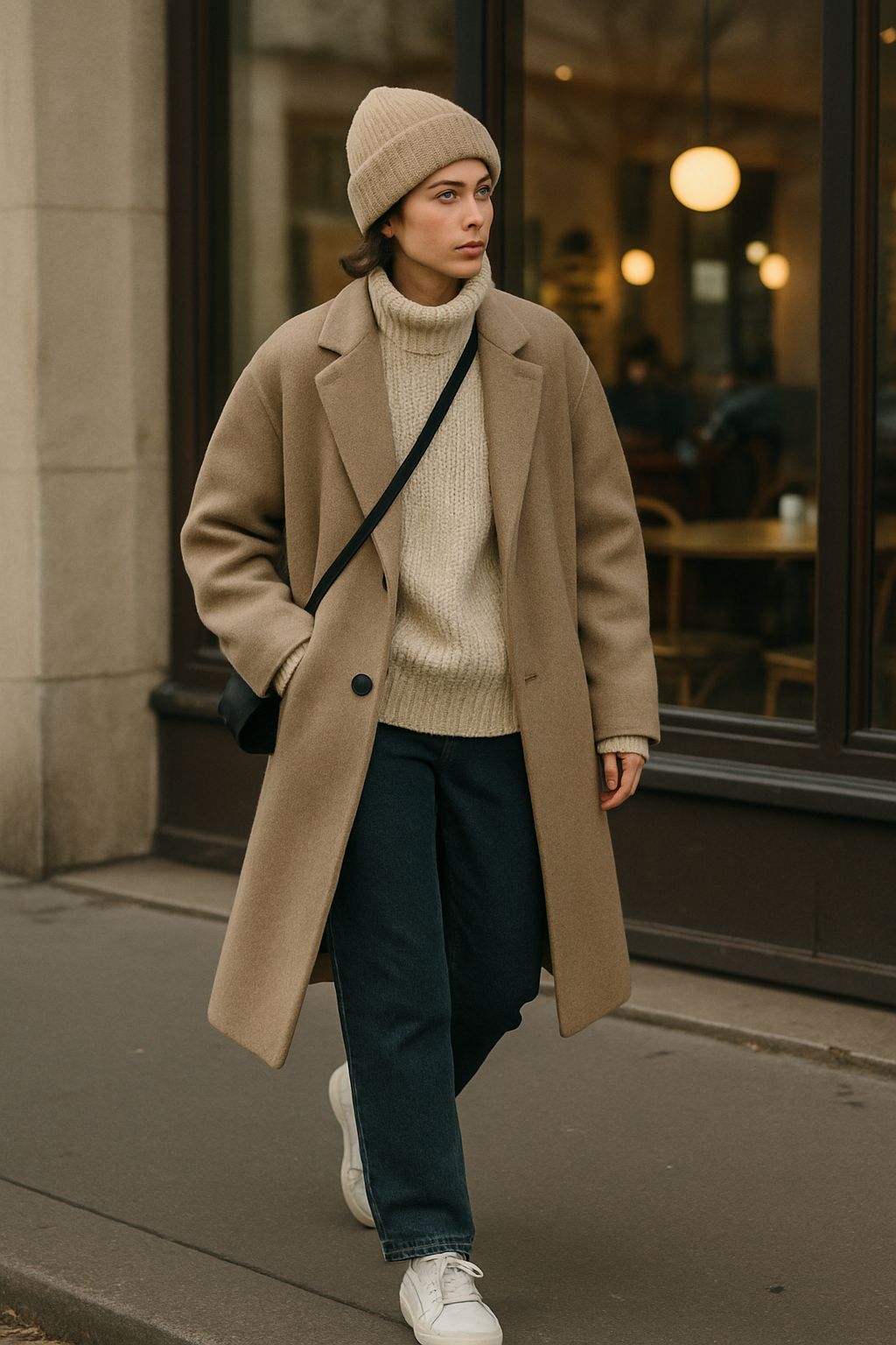 SKIPIKS AI 패션 화보 — minimalist, casual — 베이지 톤의 코트와 비니가 어우러진 따뜻한 감성의 룩으로, 실루엣이 매력적입니다. 크림 니트 스웨터와 블랙 데님을 매치해 심플하면서도 세련된 무