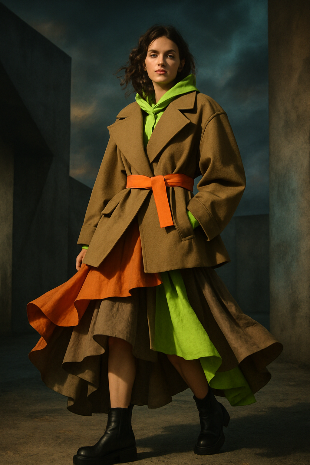 SKIPIKS AI 패션 화보 — layered, bold, feminine — 화려한 카키 코트와 네온 그린 드레스가 어우러져 독창적인 스타일의 분위기를 완성합니다. 오렌지 벨트로 포인트를 살리고, 블랙 부츠와 매치해 도시