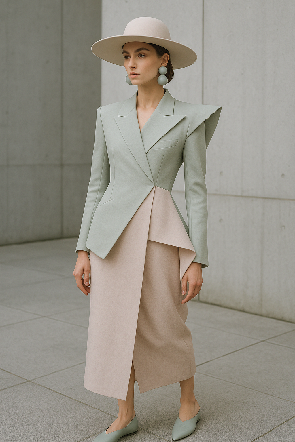 SKIPIKS AIファッション写真 — feminine, minimalist, elegant — 구조적인 실루엣과 민트 색상의 페플럼 재킷이 우아한 무드를 연출해주는 룩이에요. 볼드한 이어링과 플랫 슈즈를 함께 매치하여 모던하면서도 세련된 
