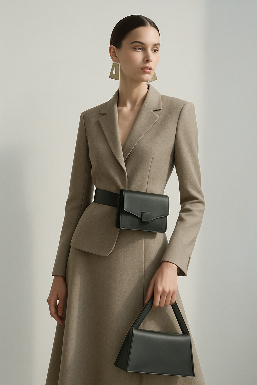 SKIPIKS AIファッション写真 — minimalist, sophisticated, elegant — 베이지 컬러의 블레이저와 스커트가 조화를 이루며 세련된 무드를 연출해요. 블랙 벨트백과 핸드백을 통해 포인트를 더하며 모던한 감각을 나타내고 있