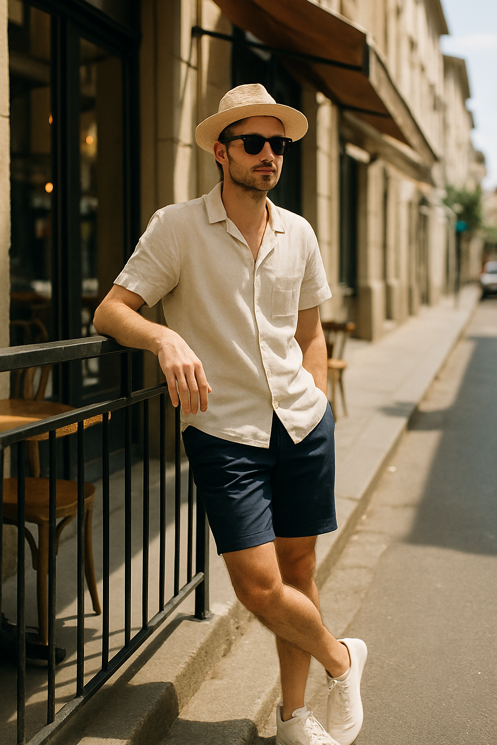 SKIPIKS AIファッション写真 — casual, summer, streetwear — 베이지와 네이비의 조화가 돋보이는 세련된 여름 룩이에요. 린넨 셔츠와 반바지의 조합으로 가볍고 편안한 휴가 분위기를 연출해보세요. 선글라스와 모