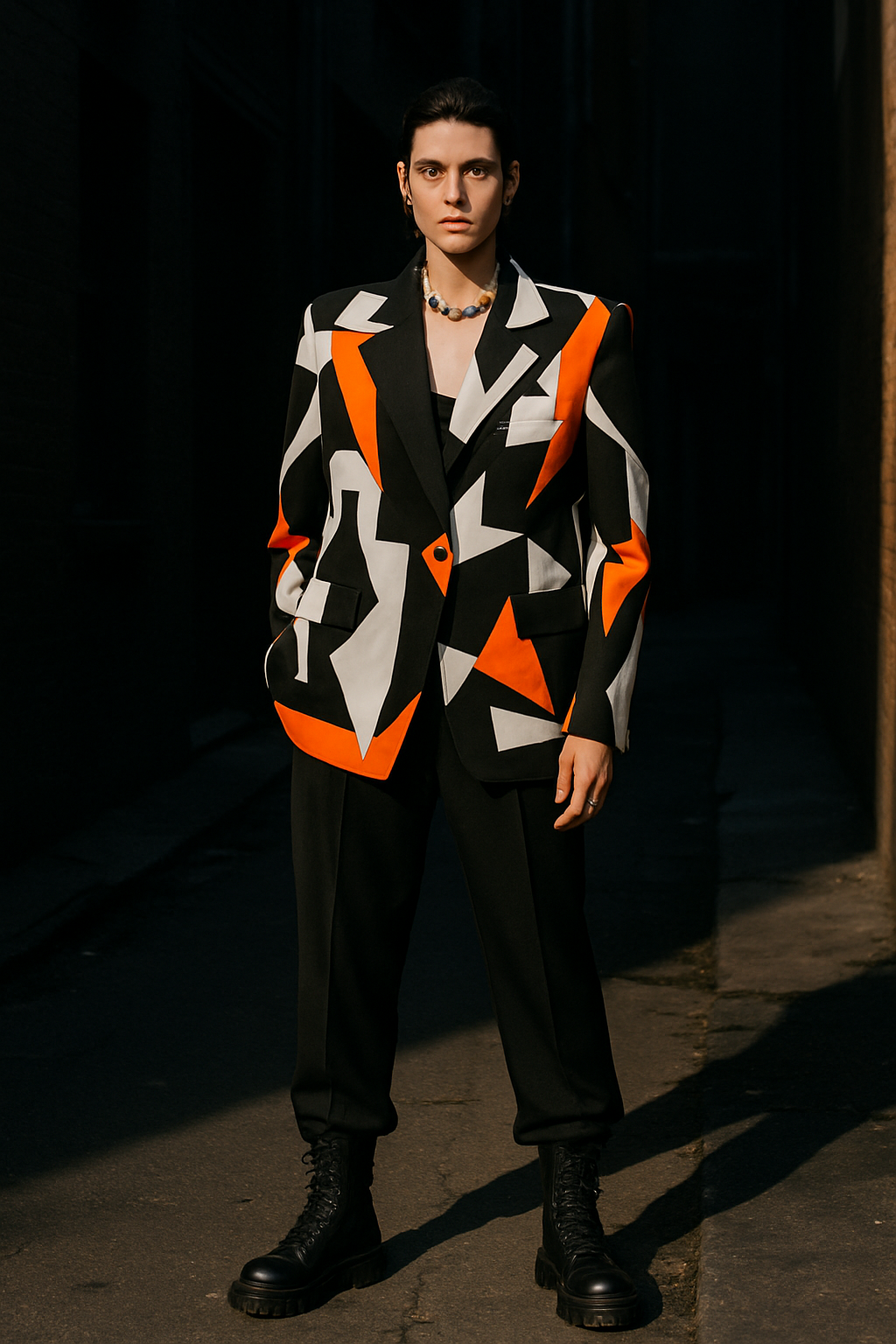 SKIPIKS AI fashion editorial — modern, bold, avant-garde — 강렬한 패턴의 블레이저가 시선을 사로잡는 모던한 룩이에요. 주황색과 검정색의 대조가 유니크한 감성을 완성해 줍니다. 슬림한 검정 슬랙스와 워커 