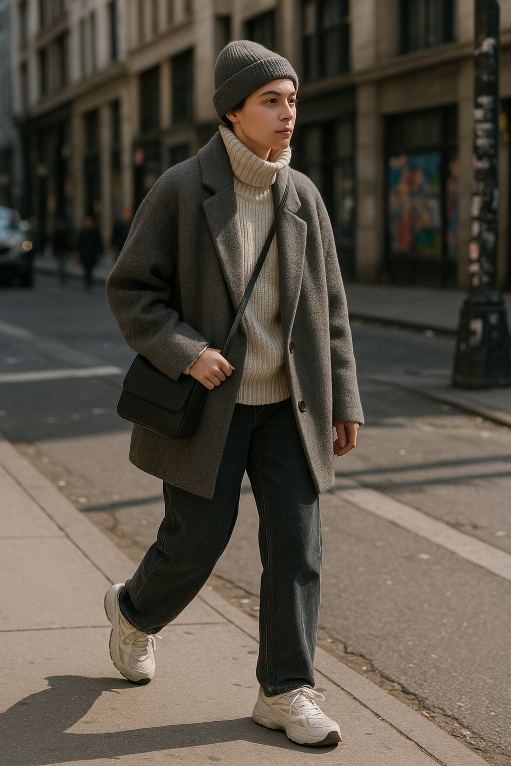 SKIPIKS AI 패션 화보 — minimalist, casual — 그레이와 베이지 톤의 조화가 돋보이는 모던한 겨울 스타일을 완성했어요. 볼륨 있는 터틀넥 니트가 포근함을 더해주며, 그레이 코트로 세련된 실루엣
