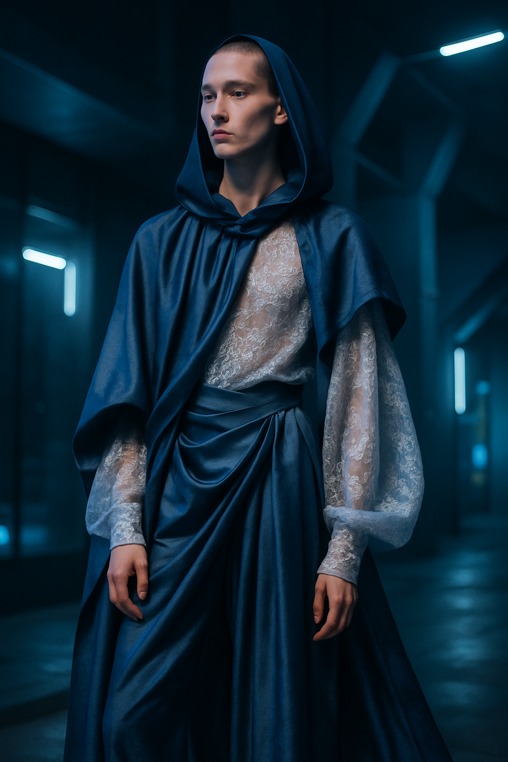 SKIPIKS AI时尚大片 — futuristic, mystical — 고급스러운 네이비 드레이프와 레이스의 조화가 매력적인 룩이에요. 허리 밴딩으로 실루엣을 강조해 독특한 멋을 더했답니다. 특별한 저녁 모임이나 패