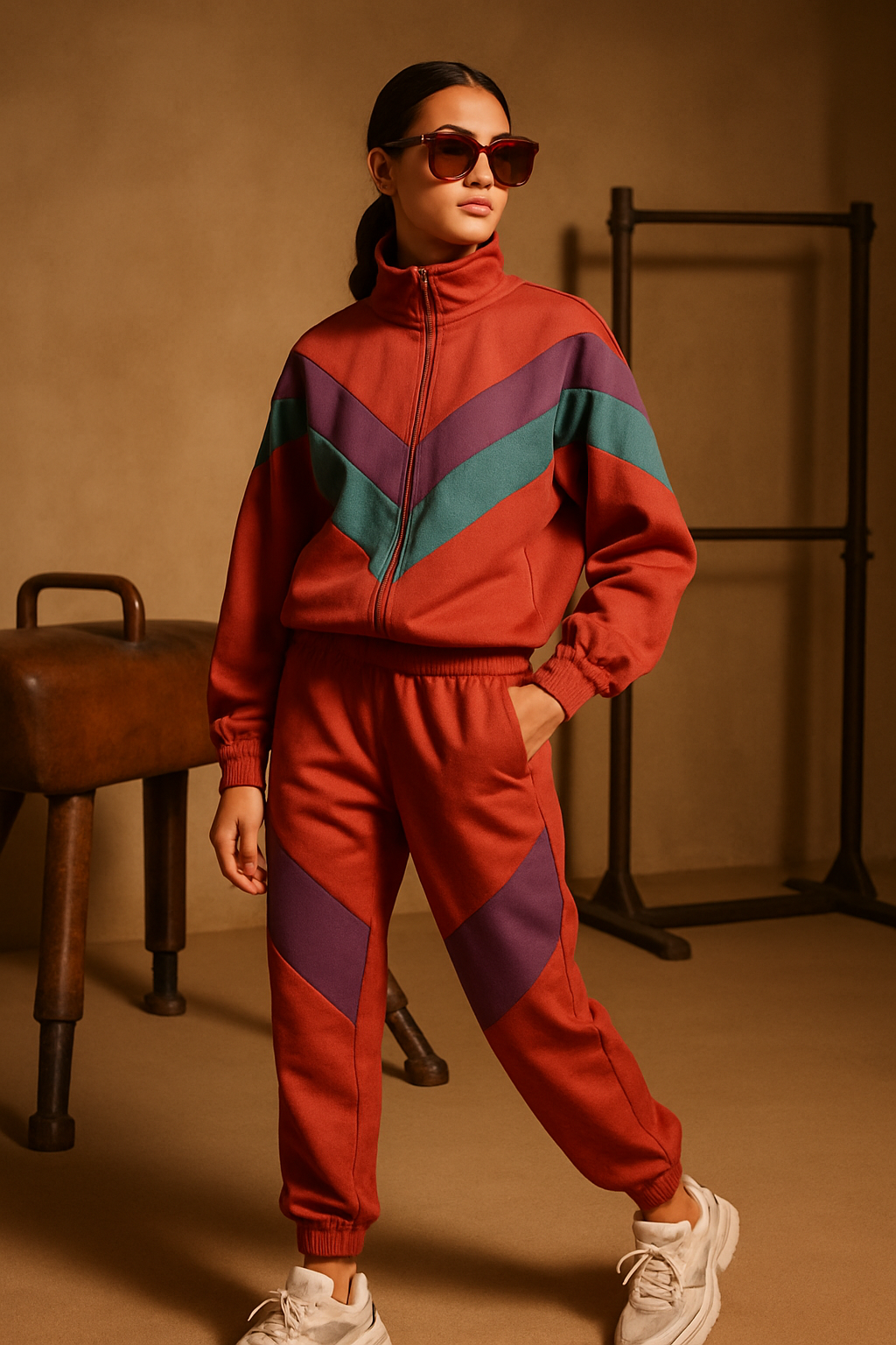 SKIPIKS AI fashion editorial — athleisure, retro, sporty — 레드와 퍼플, 청록 컬러의 믹스가 돋보이는 활기찬 트랙 수트입니다. 비비드한 색감이 주는 에너지를 강조해보세요. 스포티한 무드를 살려 흰색 스니