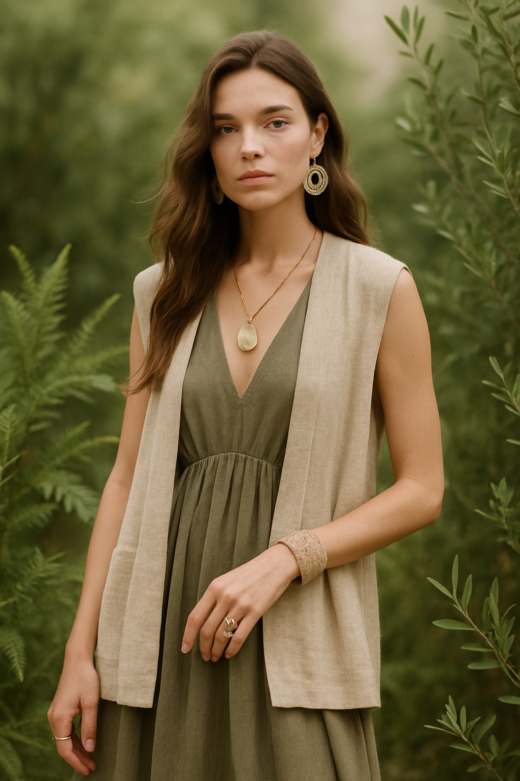 SKIPIKS AIファッション写真 — natural, bohemian — 자연을 닮은 카키와 베이지의 조화가 내추럴하고 부드러운 무드를 자아냅니다. 드롭 귀걸이와 함께 펜던트 목걸이를 매치해 우아하면서도 캐주얼한 포인