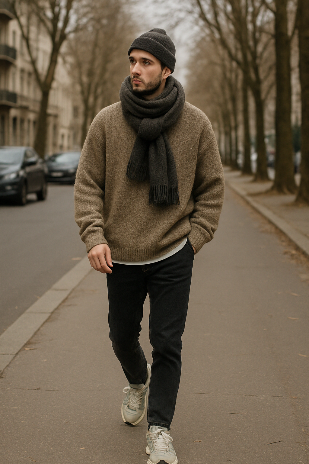 SKIPIKS AI时尚大片 — casual, cozy — 포근한 베이지 스웨터와 검정 청바지의 조합이 따뜻하면서도 캐주얼한 무드를 연출해요. 짙은 회색의 목도리와 비니가 스타일에 생동감을 더해줍니다. 