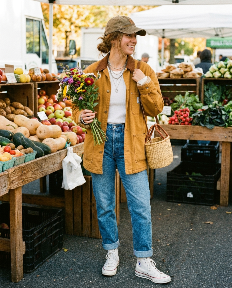 SKIPIKS AIファッション写真 — casual, comfortable, rustic — 낙엽 같은 따뜻한 머스타드 색상의 재킷이 포근한 가을 무드를 연출해요. 청바지와 흰색 니트를 매치해 편안하면서도 세련된 룩을 완성해보세요. 특히